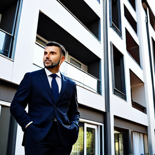 Home 6 **
"A successful property manager in professional attire, fully clothed, inspecting a modern apartment building in Milan, Italy. Bright daylight, well-maintained facade, appropriate content, safe for work, perfect anatomy, correct proportions, natural pose, professional photography, high quality."
**