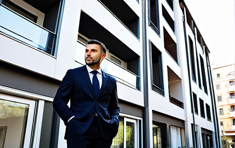 **

"A successful property manager in professional attire, fully clothed, inspecting a modern apartment building in Milan, Italy. Bright daylight, well-maintained facade, appropriate content, safe for work, perfect anatomy, correct proportions, natural pose, professional photography, high quality."

**