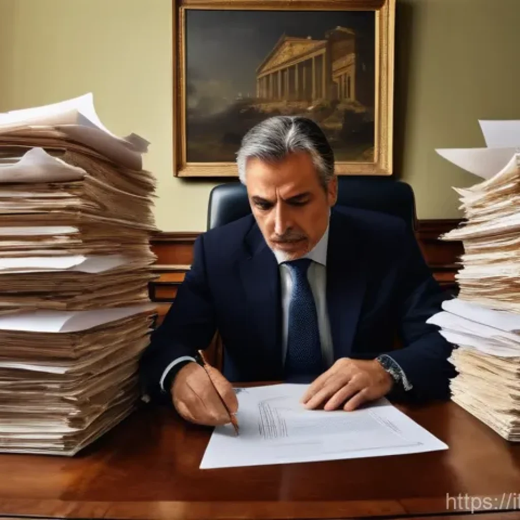 행정사 업무 중 가장 어려운 사례와 해결법 - An overwhelmed adult Italian professional, dressed in smart-casual business attire, sitting at an an...