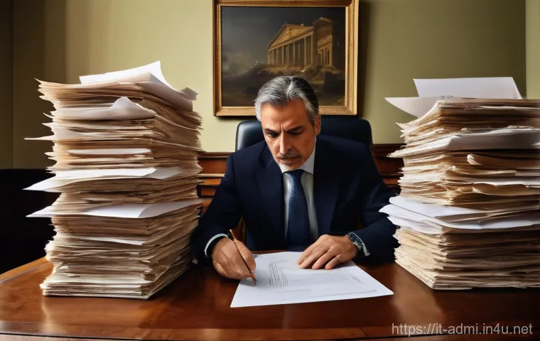 행정사 업무 중 가장 어려운 사례와 해결법 - An overwhelmed adult Italian professional, dressed in smart-casual business attire, sitting at an an...