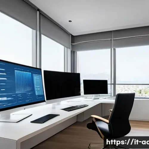 Home 17 행정사와 관련된 최신 법률 개정 내용 - A modern condominium manager’s office scene in Italy, showcasing a sleek digital workspace with mult...