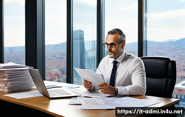 행정사와 노무사의 차이점 - A professional Italian administrative officer in a modern office setting, focused on managing bureau...