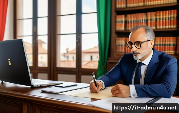 행정사 시험의 응시 자격 조건 - A professional Italian public administrator in a modern municipal office setting, wearing formal bus...
