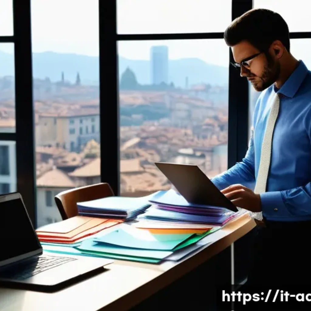 행정사 초보자를 위한 실무 가이드 - A modern Italian office scene showing a professional administrative worker organizing a colorful fil...