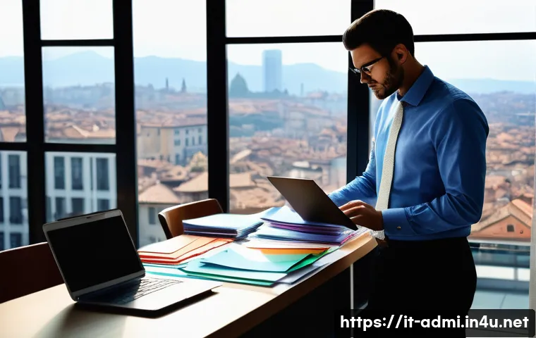 행정사 초보자를 위한 실무 가이드 - A modern Italian office scene showing a professional administrative worker organizing a colorful fil...