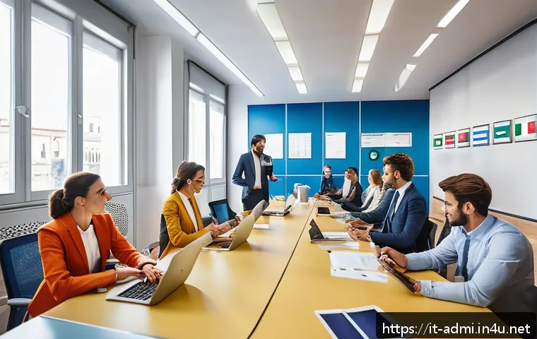 행정사 직무 관련 추천 학위 과정 - A modern public administration office scene in Italy, featuring diverse professionals collaborating ...