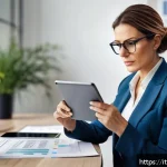 행정사와 관련된 국제적 인증 제도 - A professional Italian businesswoman in a modern office setting, thoughtfully analyzing her current ...